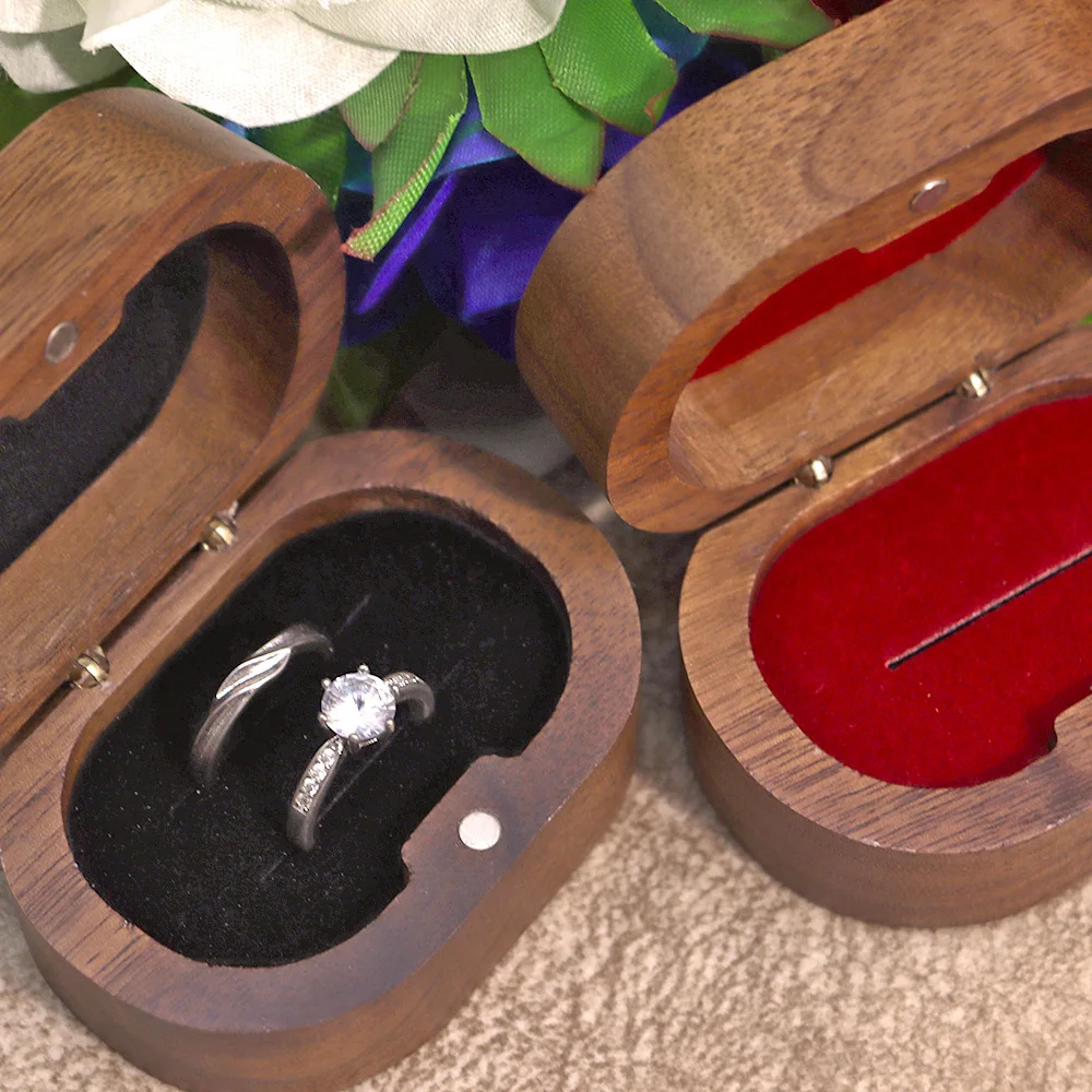 Walnut Wood Oval Ring Box Velvet Lined Flip Top Lid Double Case for Matching Rings