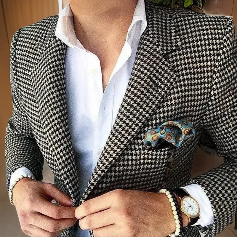 Plaid Suit Jacket For Men 1 Pc Notch Lapel Houndstooth Business Blazer For Wedding Party Fashion Coat Size XS-5XL Ready To Ship