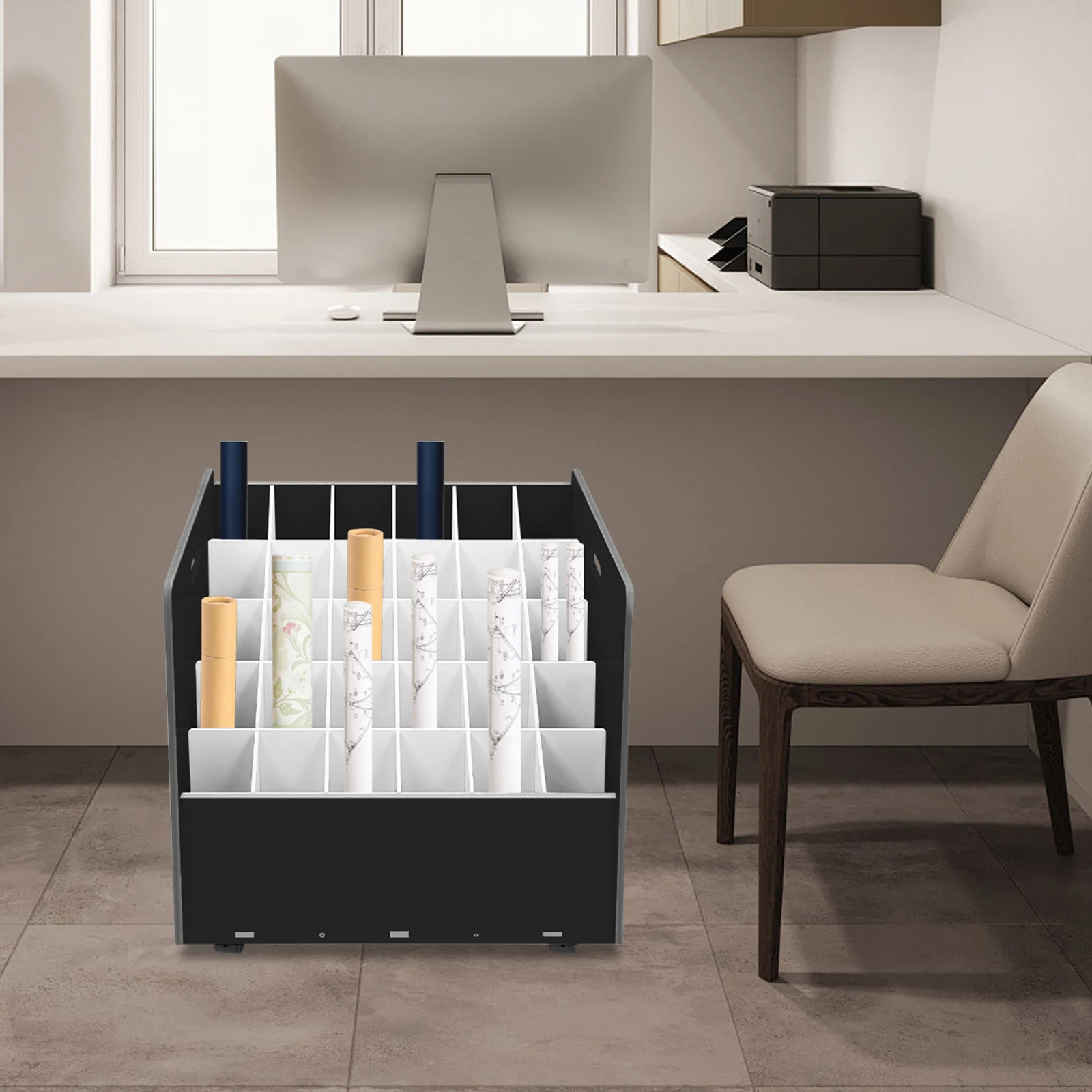 Rak Penyimpanan File Gulung Seluler, Lemari Penyimpanan File Gulung dengan Roda, Organizer Penyimpanan File Gulung 30 Slot dengan Roda