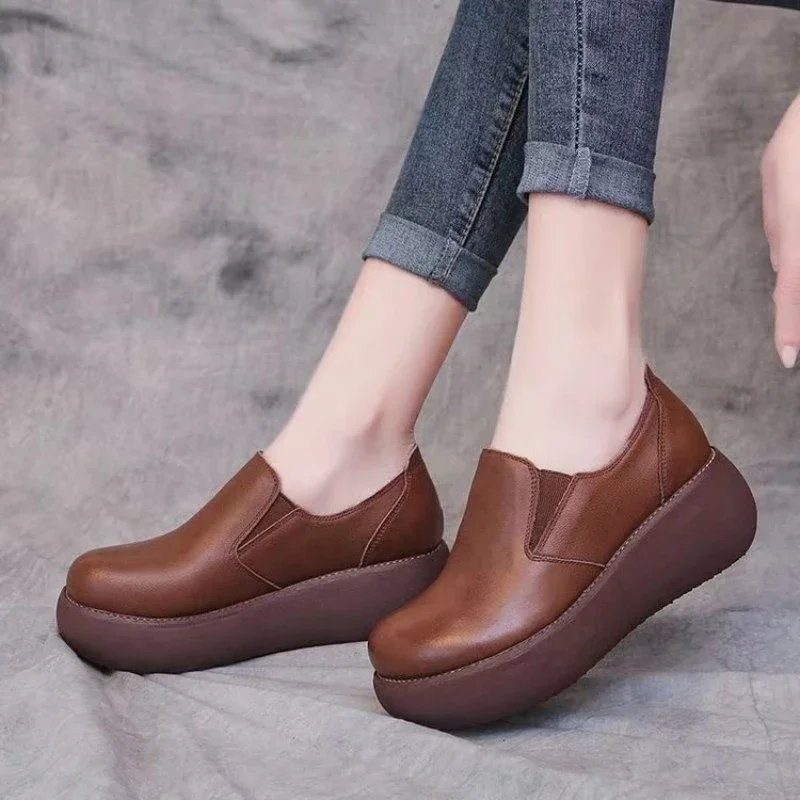 Chaussures à plateforme en cuir pour femmes, chaussures plates décontractées pour femmes, chaussures à enfiler à tête ronde, escarpins, loisirs, fête, bureau, mocassins pour dames, nouveau