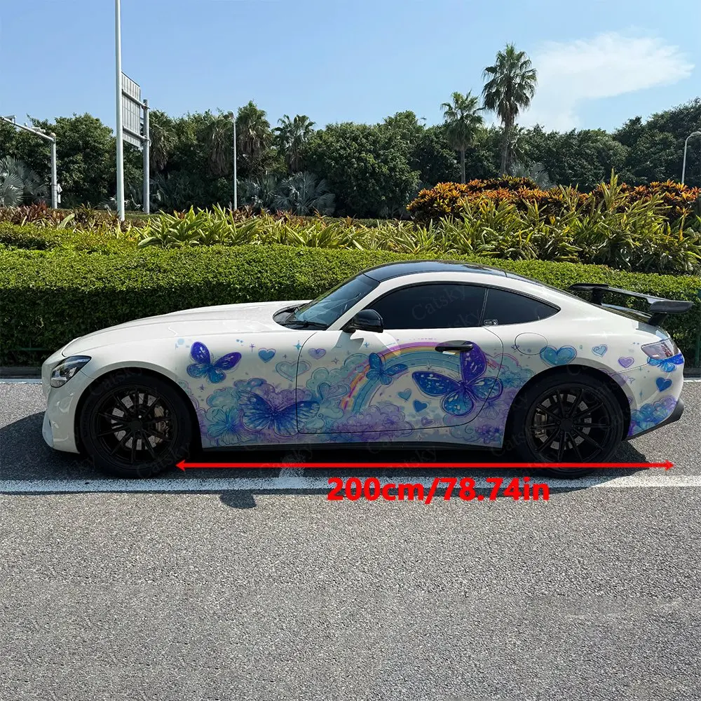 2pcs Iridescent Butterfly Heart Cloud Car Side Wraps, Self-Adhesive PVC Waterproof & Scratch-Resistant Stickers, Car Accessory