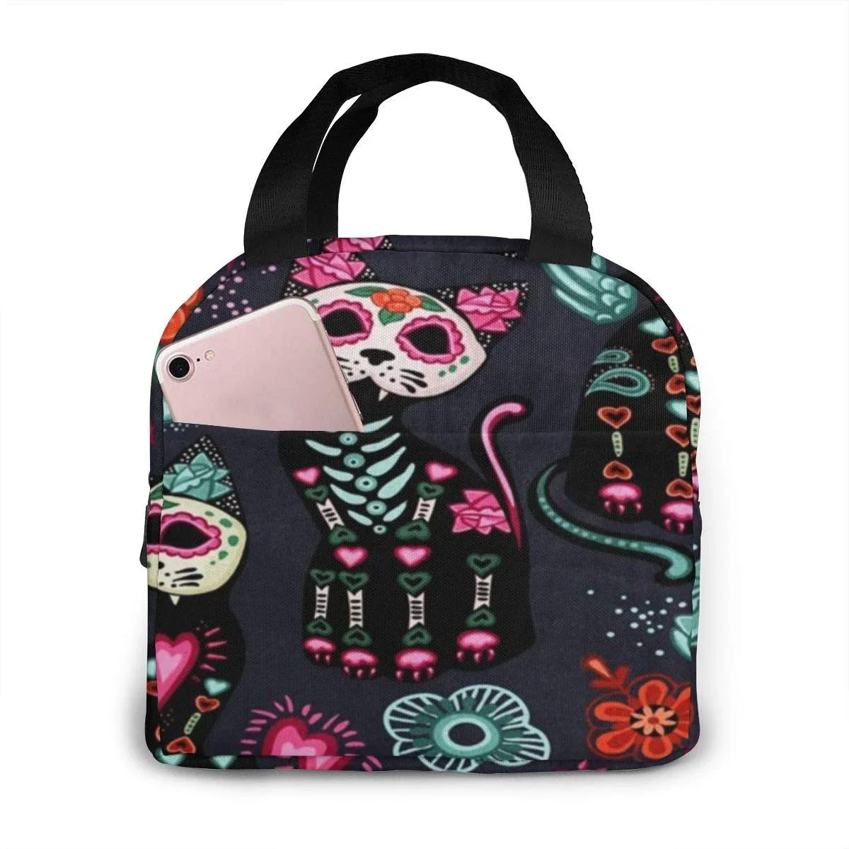 Portable Lunch Tote Bag Cat Kitten Sugar Skull Insulated Cooler Thermal Reusable Bag Lunch Box Handbag