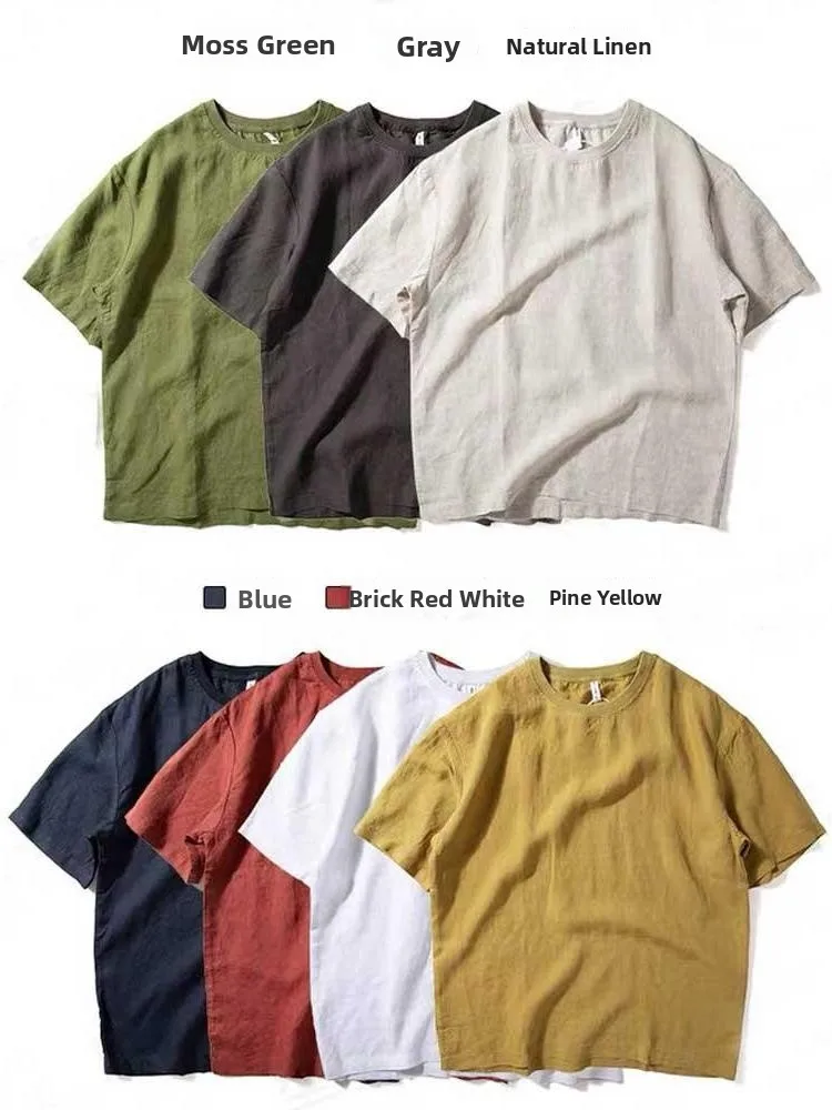 Loose Fit Linen Short Sleeve T-Shirt Breathable round Neck Half Sleeve Dopaamine Color Summer Sweat Absorbent Men's Cleanfit ...