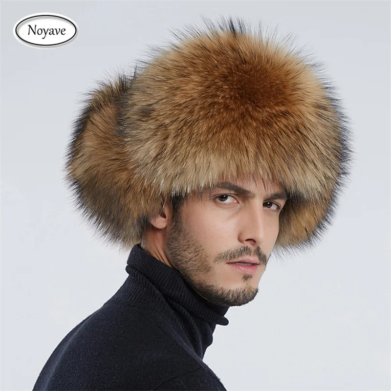 Men Hats Winter Natural Real Fox Fur Bombers Hats Outdoor Warm Soft Luxury Fashion Raccoon Fur Cap Real Sheepskin Leather Hat