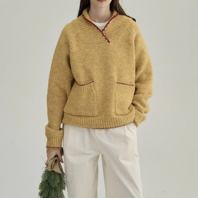 Pull ample à revers bloqué de couleur pour femmes, haut à Double poche, nouveau Style décontracté, automne et hiver 2025