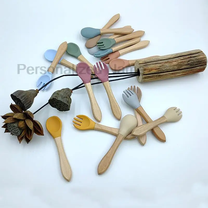 Personalized Name Baby Feeding Spoon Fork Sets Children Silicone Tableware With Wooden Handle Kids Training Spoon Free Shipping