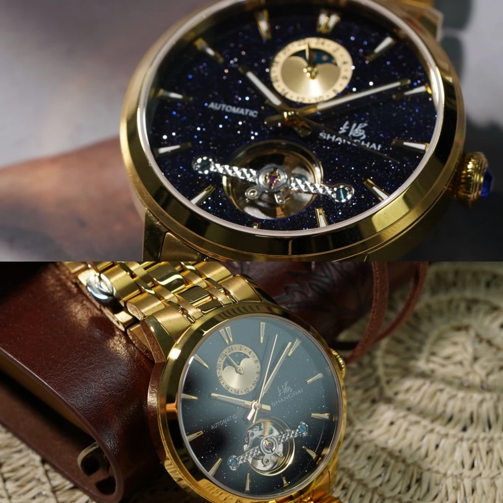 SHANGHAI Watch Starry Sky Flywheel Men's Watches Calendar Automatic Mechanical Wristwatch 316L Stainless Steel Clock 42mm S8609