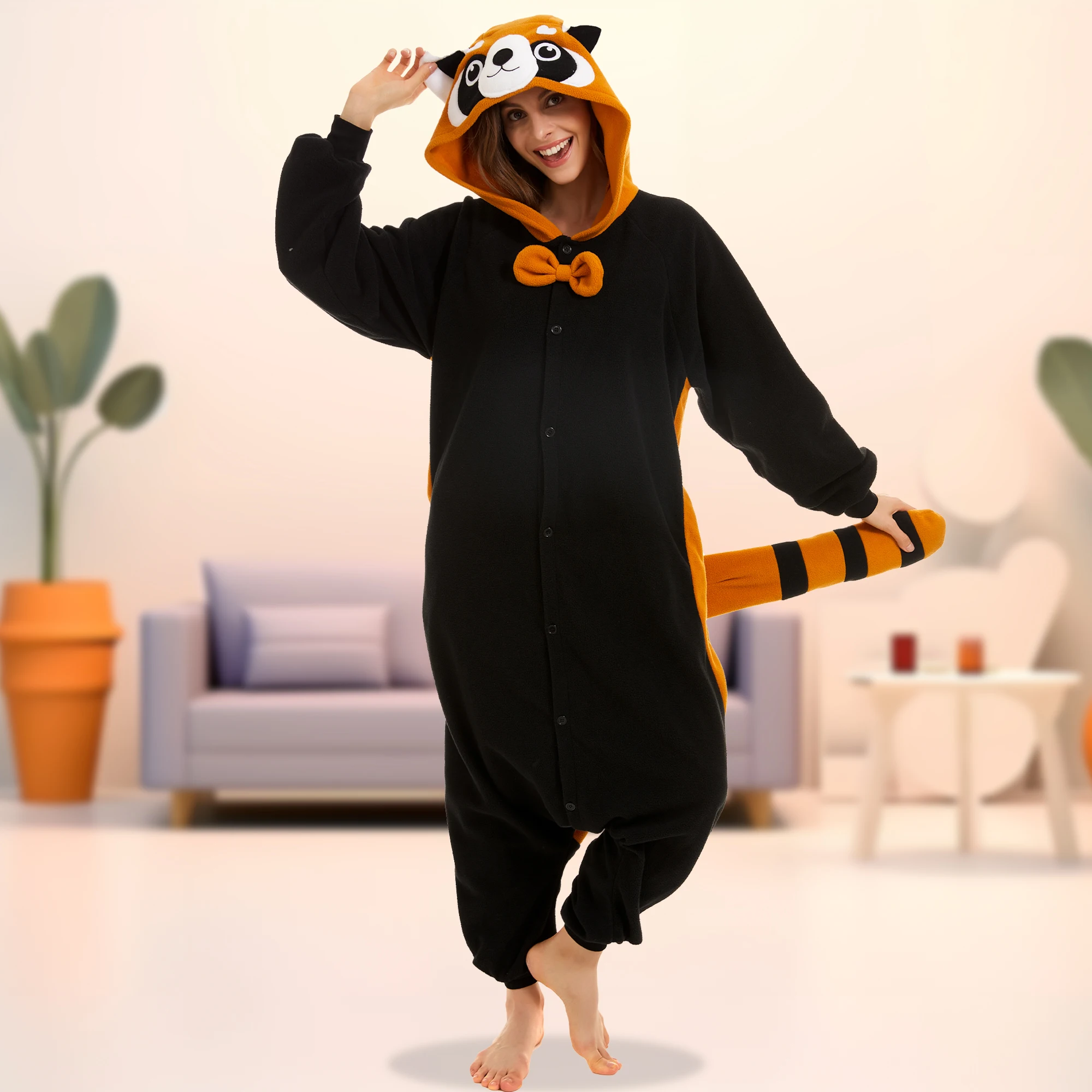 CANASOUR Red Panda Costumes One Piece Pajamas for Adult Women Winter Hooded Sleepwear Halloween Christmas Cosplay Homewear