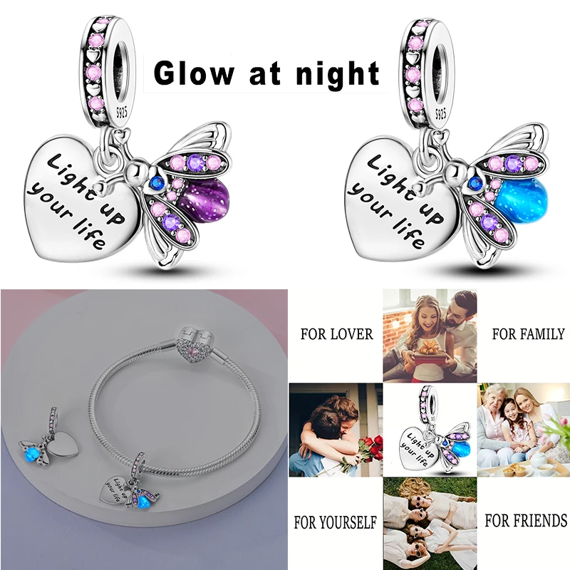 925 Sterling Silver Glow in the dark Firefly Dangle Charm Beads Fit Original Pan Silver 925 Jewelry Making Exquisite Gifts