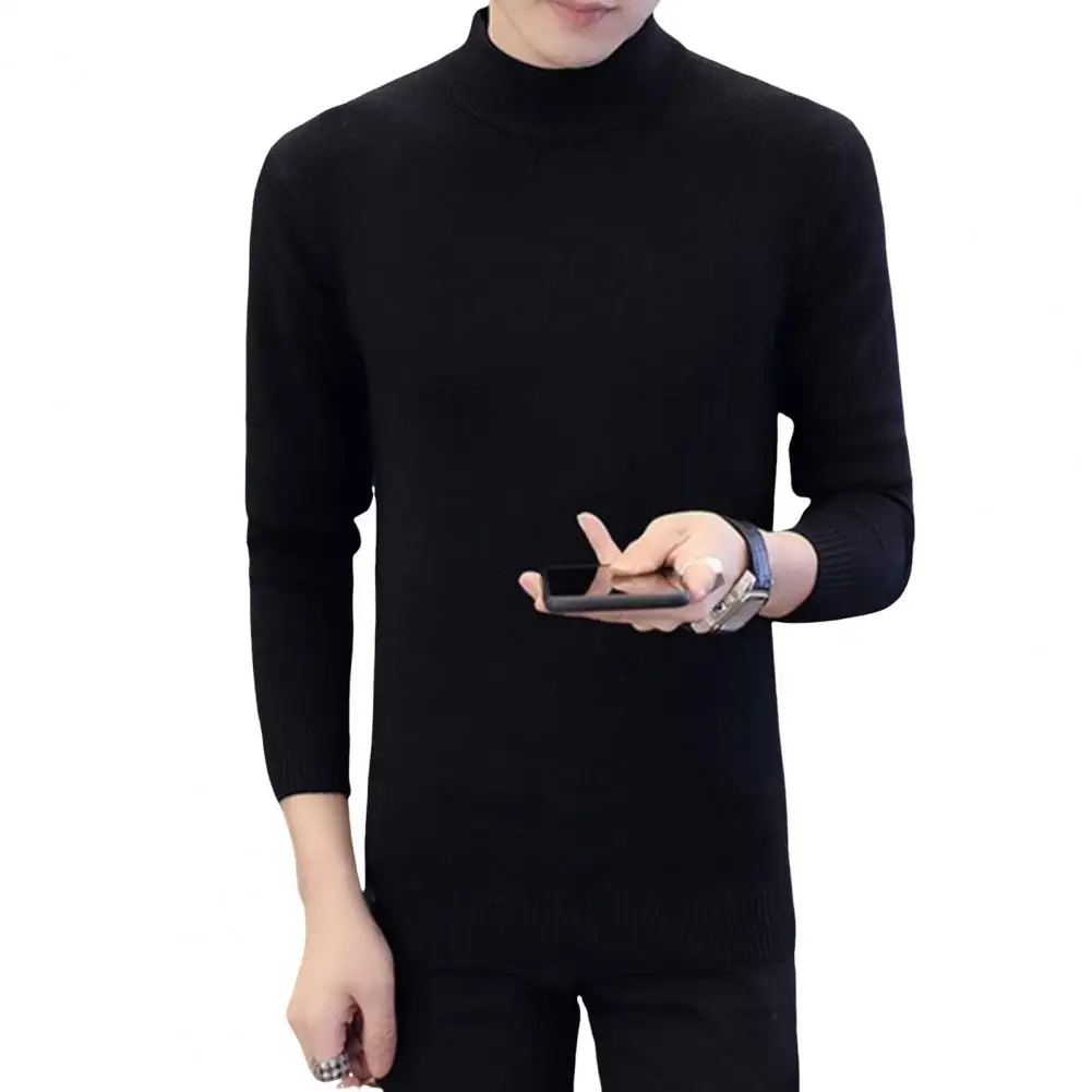 Men Slim Fit Sweater Men's Half-high Collar Knit Sweater with Plush Lining Slim Fit Design for Fall Winter Daily Wear Slim Fit