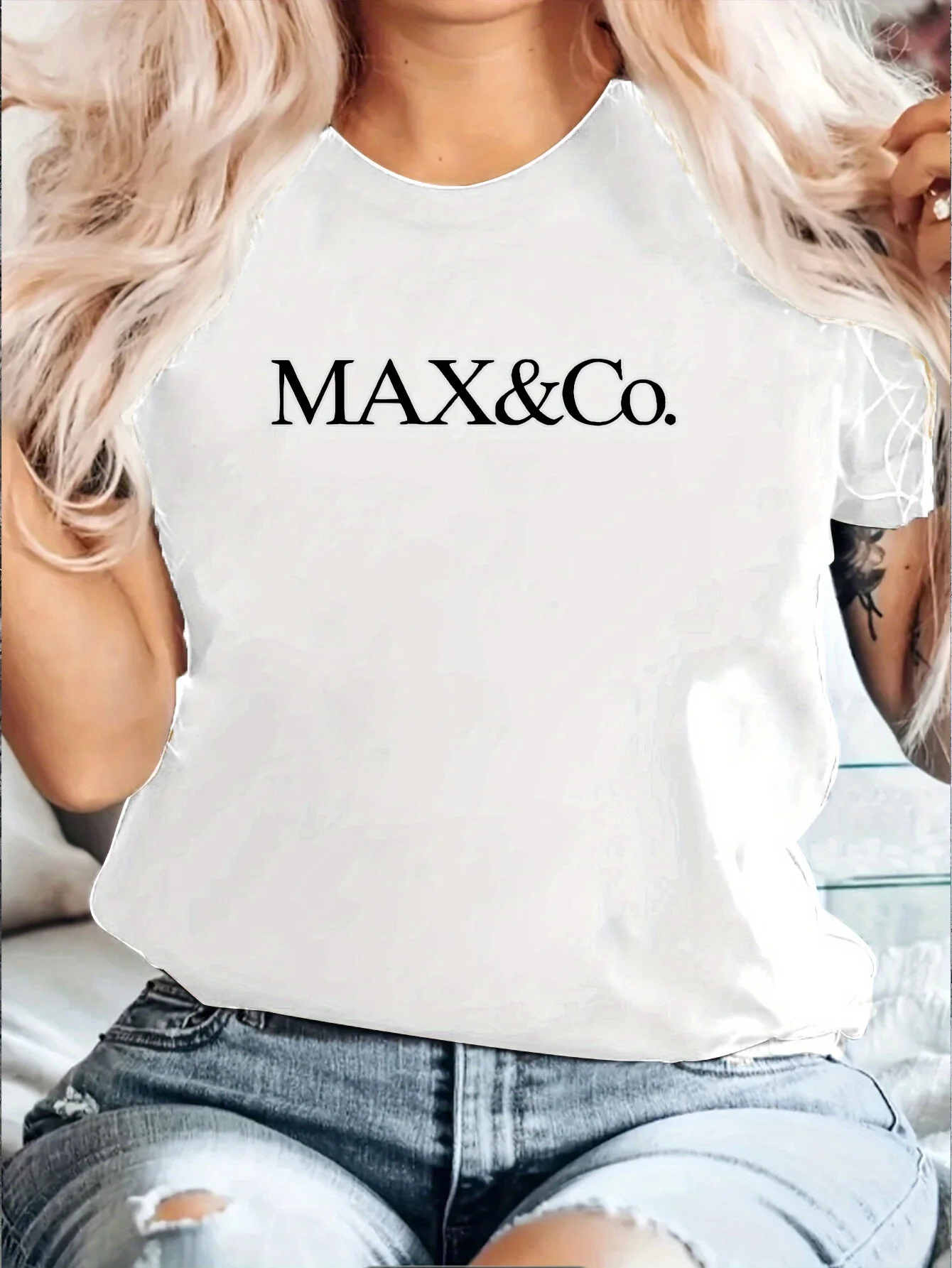 

PHILIPP&MAX Women's Casual Short Sleeve T-shirt MAX&co Printed Round Neck Daily Top Cute Short Sleeve Top