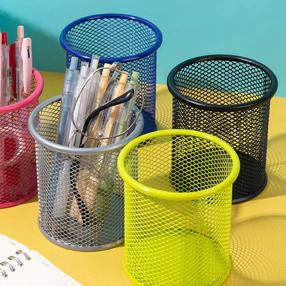 Desktop Metal Pen Holder - Black Mesh Pencil Cup with Multiple Compartments - Office Storage Solution