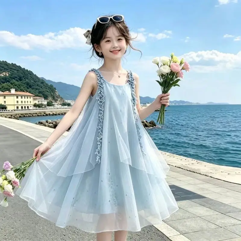 2026 Quality Original Suitable Elegant Refreshing Blue Strapless Mesh Skirt Girls New Dress