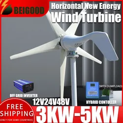 3000W 12V 24V 48V Horizontal Home Wind Turbine Free Energy 3 5 Blades Wind Generator Power Windmill With MPPT Hybrid Controller