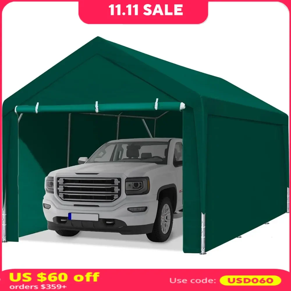 12x20 Ft Carport with Removable Sidewalls & Doors，Adjustable Height Garage，Party Tent Boat Shelter with Reinforced Poles，Carport