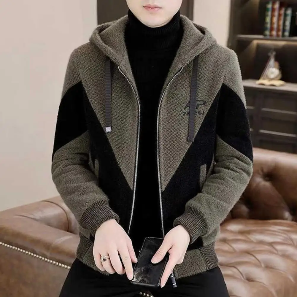 Color Matching Men Jacket Men's Hooded Drawstring Jacket with Color Matching Thick Soft Winter Coat for Plus Size Long Sleeve