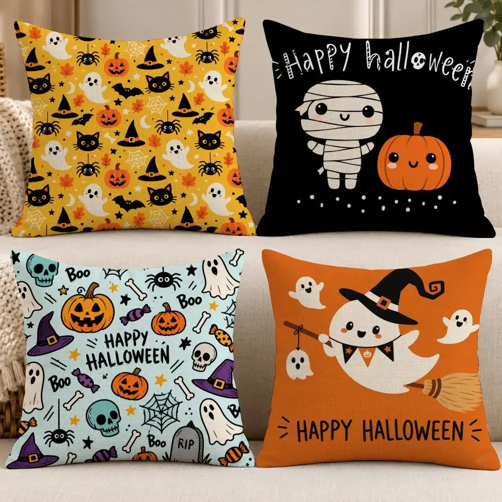 Art Halloween Cute Elf Pumpkin Happy Halloween Devil Creative Cushion Cover Soft Short Cover Washable Sofa Bed Dorm Garden Decor