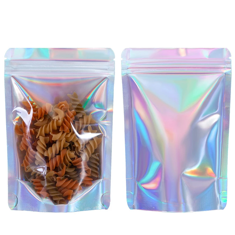 StoBag 100pcs Laser Iridescent Transparent Food Packaging Ziplock Bags Stand Up for Candy Snack Storage Sealing Reusable Pouches