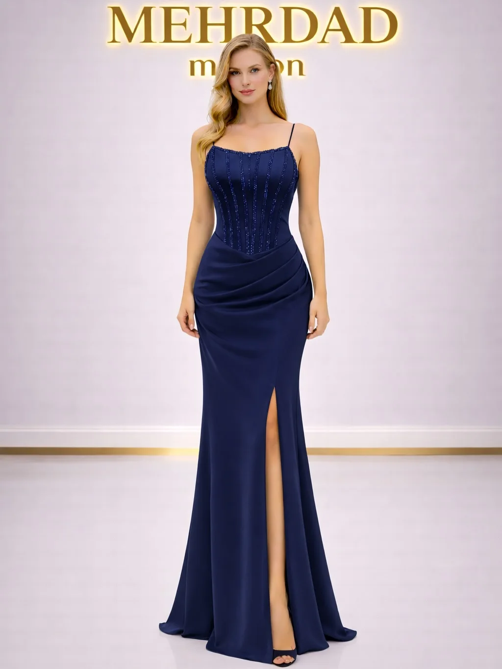 Elegantes, luxuriöses, trendiges Meerjungfrau-Spaghetti-Träger, gerüschte Pailletten, Stich, Fischgräten-Satin, bodenlang, formelles Abend-, Abschlussball- und Partykleid