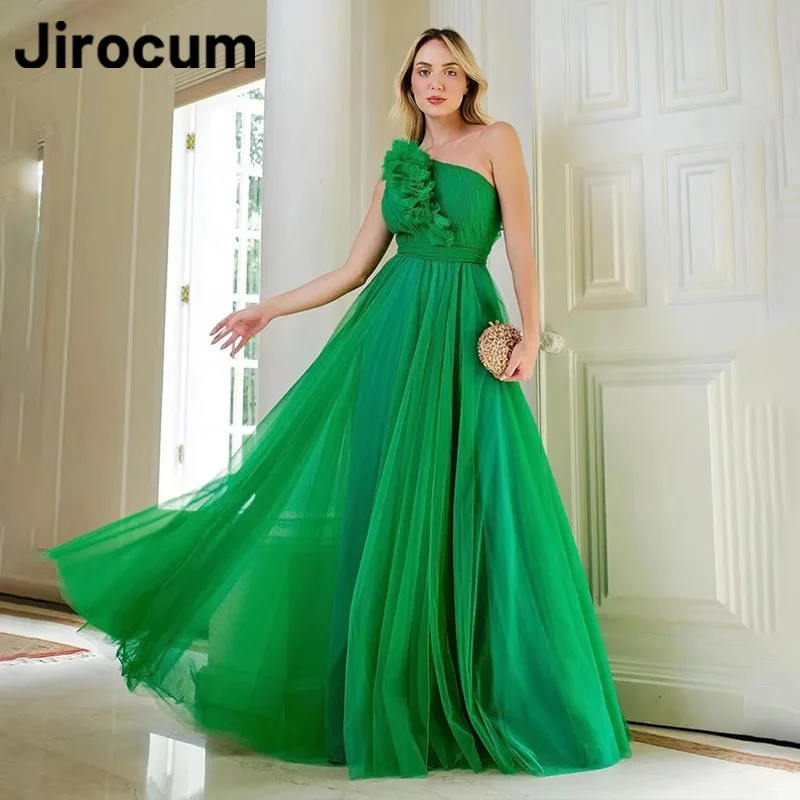 

Jirocum A Line Prom Gowns Women's One Shoulder Ruffled Tulle Party Evening Gown Floor Length Green Saudi Formal Occasion Dress