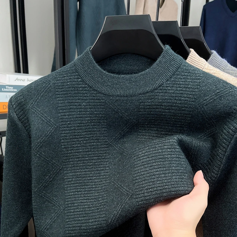 

High quality solid color jacquard knitted pullover fashion luxury round neck sweater warmth skin friendly comfort new men's wear