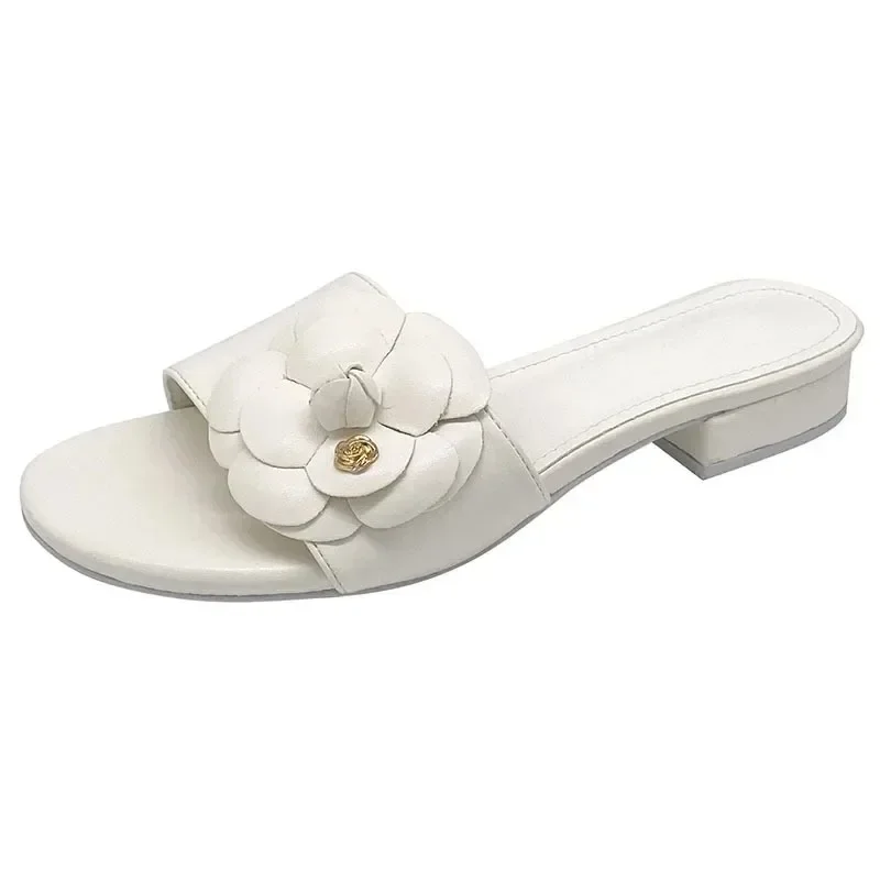 Women's Camellia Design Slippers, Low Heel Summer Sandals, Metal Flower Slippers, 2024