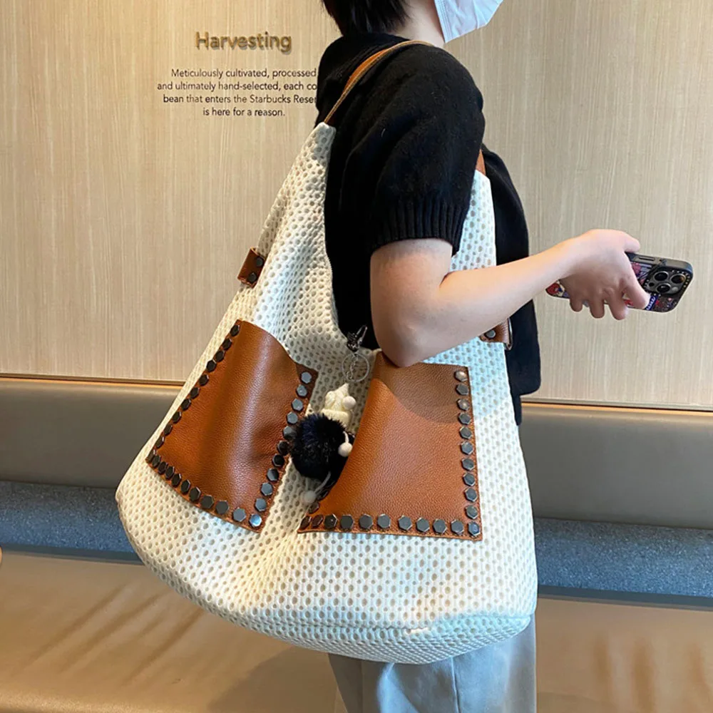

New Hot Sale Hollow Out Design Women Tote Bag Contrast Color Large Capacity Shoulder Bag Fashion Shopping Bags For Women