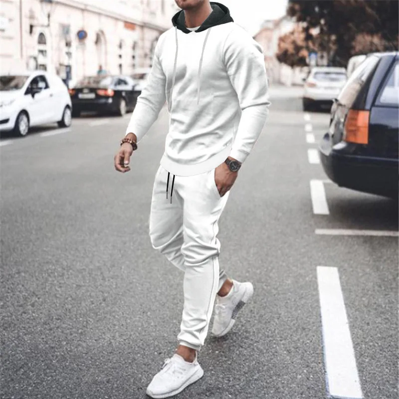 Men\'s long sleeve Casual Pajamas 2pcs set Homewear Hooded soild color Pajamas Men Sleepwear Size M-3XL