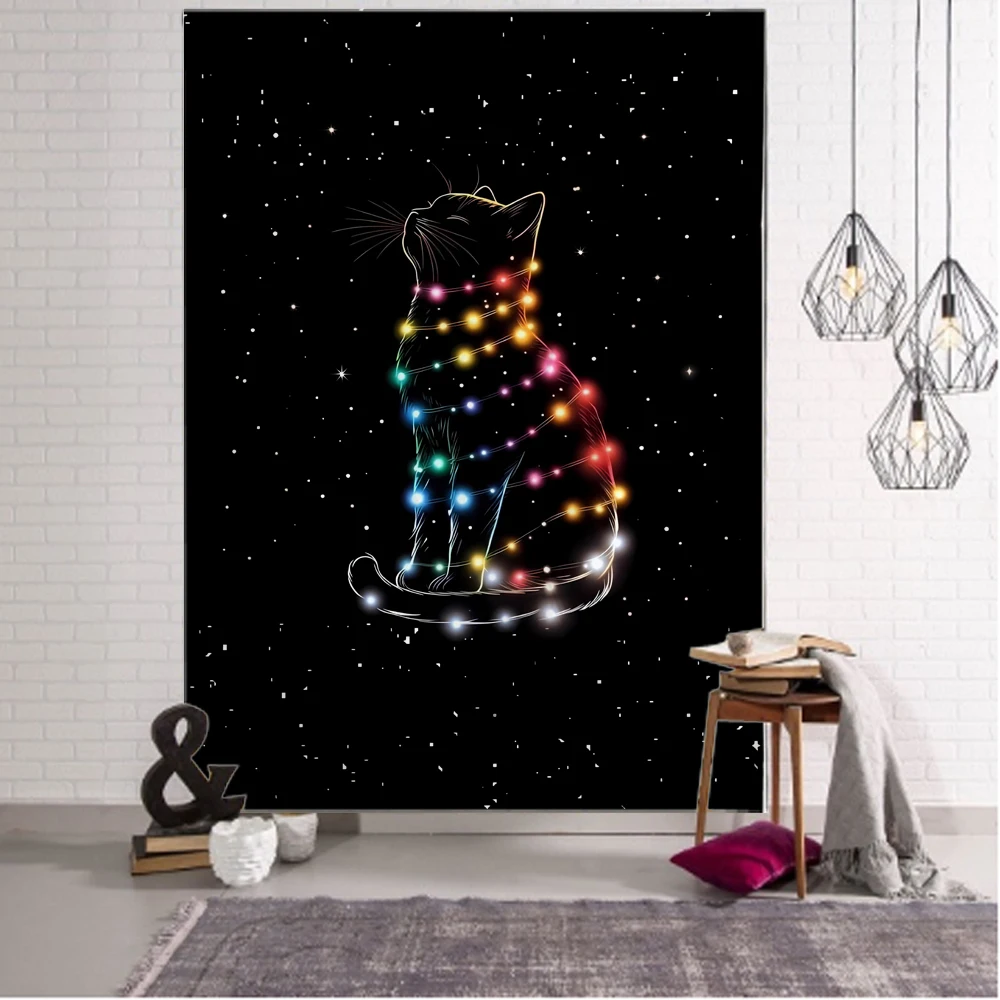 Starry Sky Cat Tapestry, Tarot Card Fabric Mural, Wall Decoration Wall Hanging, Witchcraft Style, Bohemian Home Decoration