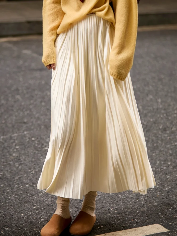 Birdtree, Wool Blended Pleated Skirt, Double Layer, Women's Casual Long Skirts, Elastic Waist, 2026 Autumn Winter New D67036JF
