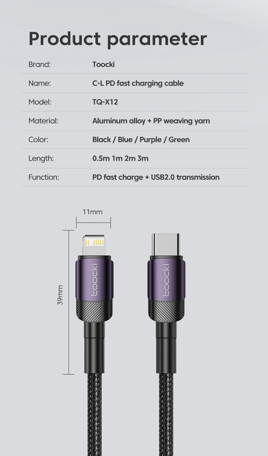 Toocki PD 27W Cable for iPhone 14 13 12 11 Pro Max 8 7 Plus Macbook 2.4A Fast Charging USB C to Lighting Cable Data Wire