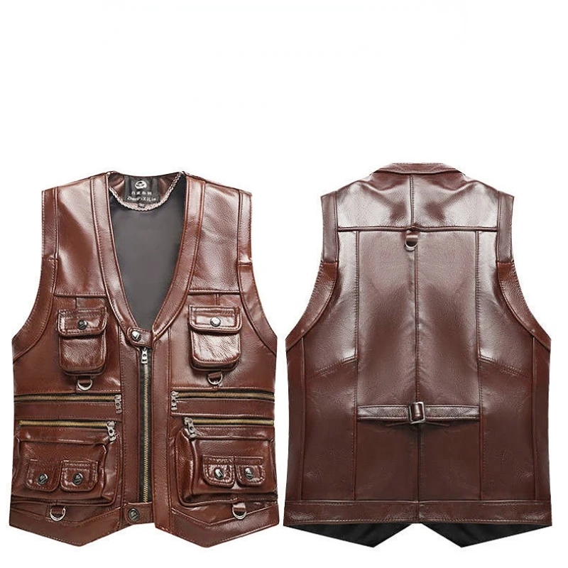 Men\'s Genuine Leather Vest  Keep Warm In Autumn and Winter Top Layer Cowhide Spring and Autumn Multiple Pockets Photography