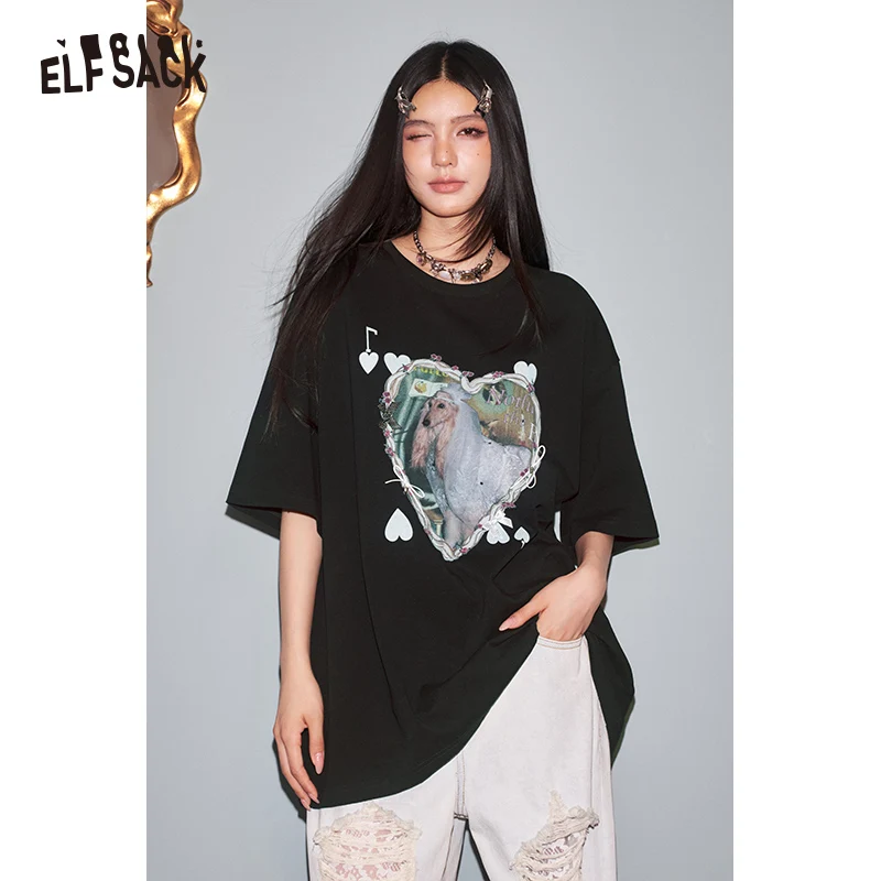 ELFSACK 2025 Summer New Arrival Loose Casual Heart Print Short Sleeve T-Shirt For Women