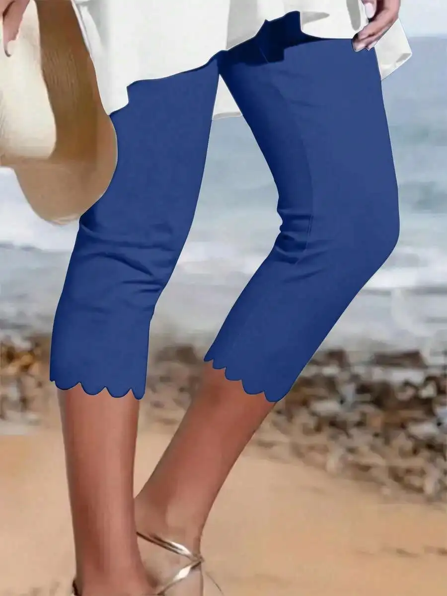 Women's Casual Elastic Capri Leggings, Solid Color Knit Polyester With Asymmetric Hem And Stretchy Waist, Suitable For