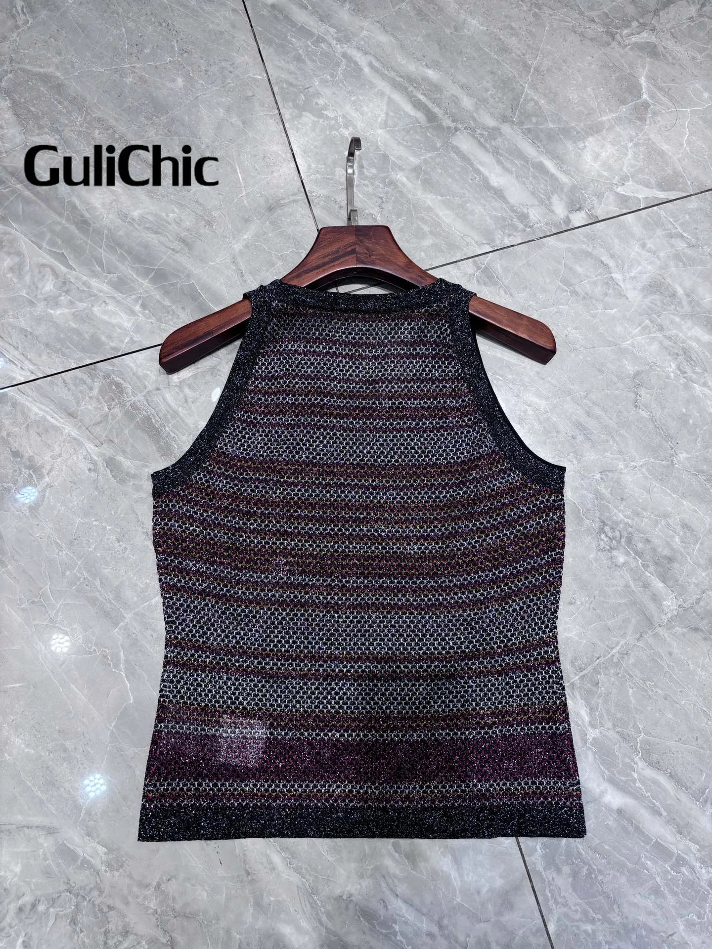 5.11 GuliChic High Quality Metallic Multicolor Knit Striped Slim Tank Top And High Waist Slim Pants 2 Piece Set For Women