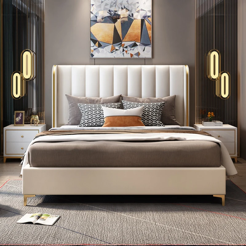 #For light luxury soft bed frame king size microfiber leather simple master bedroom bed upholstered full size bed frame