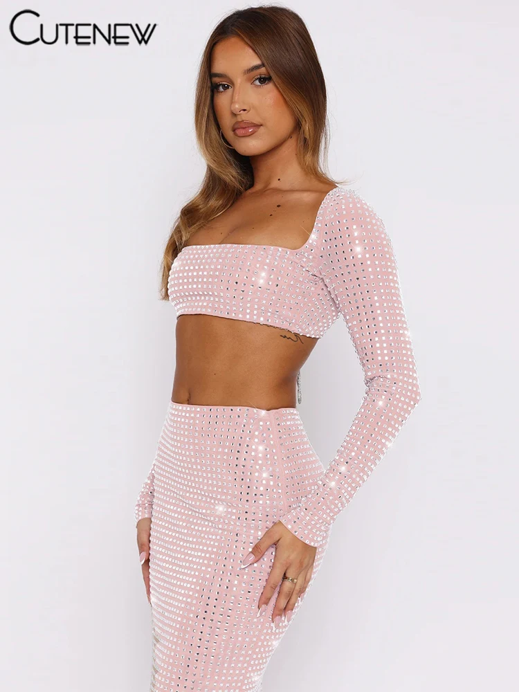 Cutenew Shiny Elegant Women 2 Piece Set Autumn Trend Sequins Full Sleeve Square Neck Crop Tops+Maxi Skirts Female Party Suits