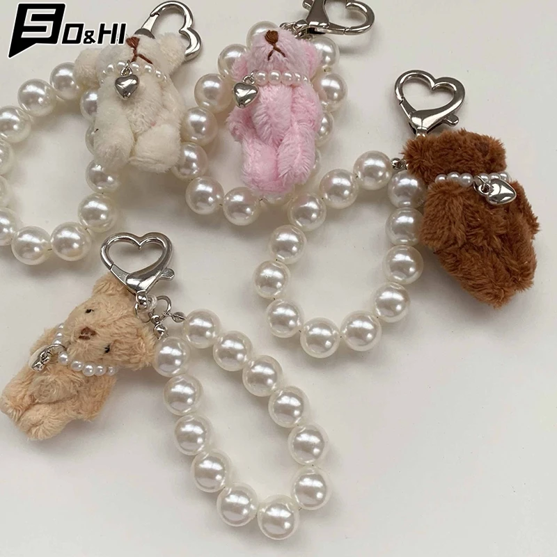 1PC Joint Bear Pearl Phone Chain Pendant Keychain Plush Teddy Bear Keyring Jewelry Camera Bag DIY Decoration Handmade Gift