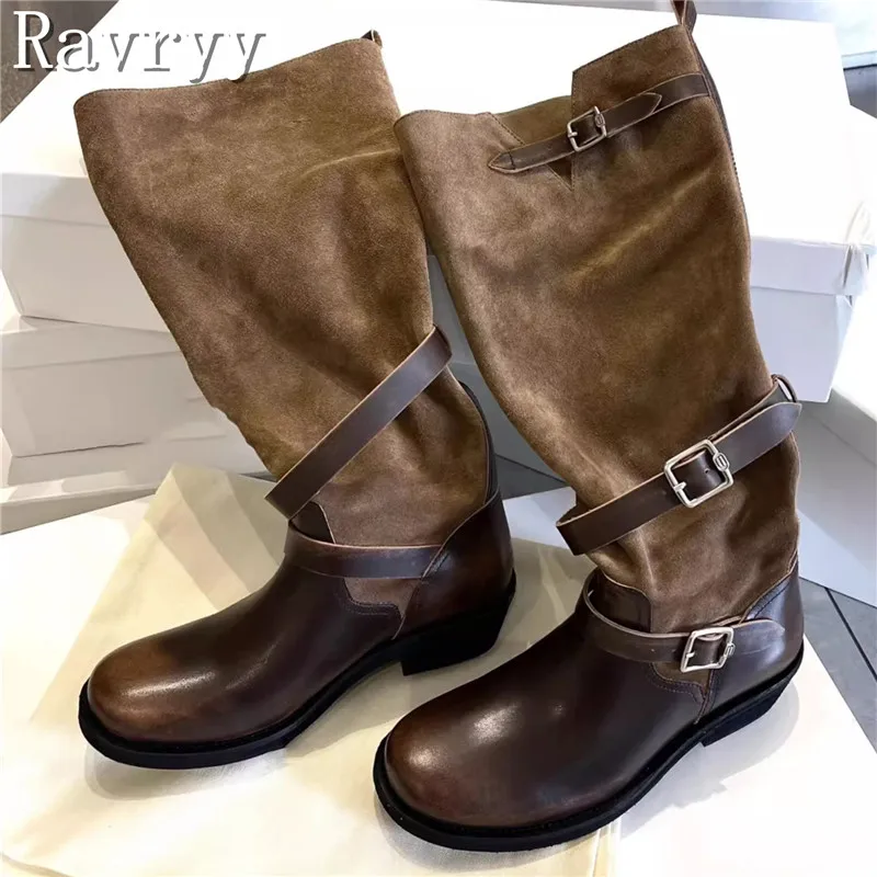 

Brown Suede Leather Patckwork Mid Calf Boots Women Designer New Belt Buckle Thick Heels Western Knight Boots