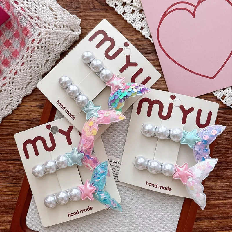 2pcs/set Mermaid Hair Clip Pearl Glitter Fish Tail Barrettes for Girls Non-Slip Kids Hair Accessories Summer Party