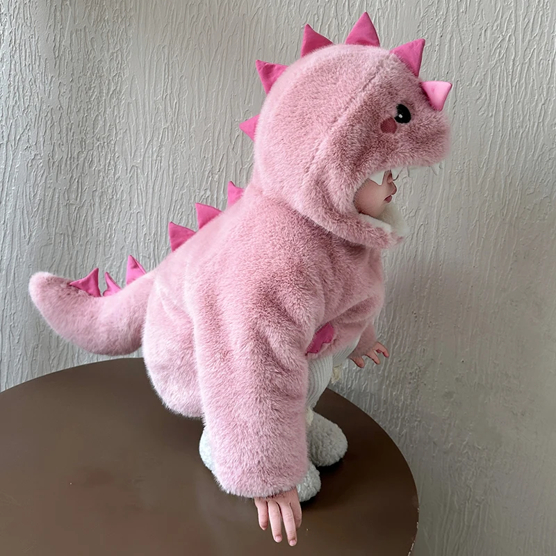 Girls Winter Fur Coat Dinosaur Fur Thickened Cartoon Children's Clothing Faux Fur Jacket with Hat Zipper Closure Kids Outwear
