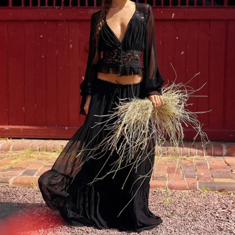 Sexy See Through Two Piece Skirt Set Women V Neck Lace Long Sleeve Blouse Maxi Skirt Matching Set Female Lace Up Two-piece Set