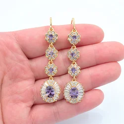 Fashion Gold Color Luxury Purple Zircon CZ Long Oval Dangle Wedding Earrings Jewelry