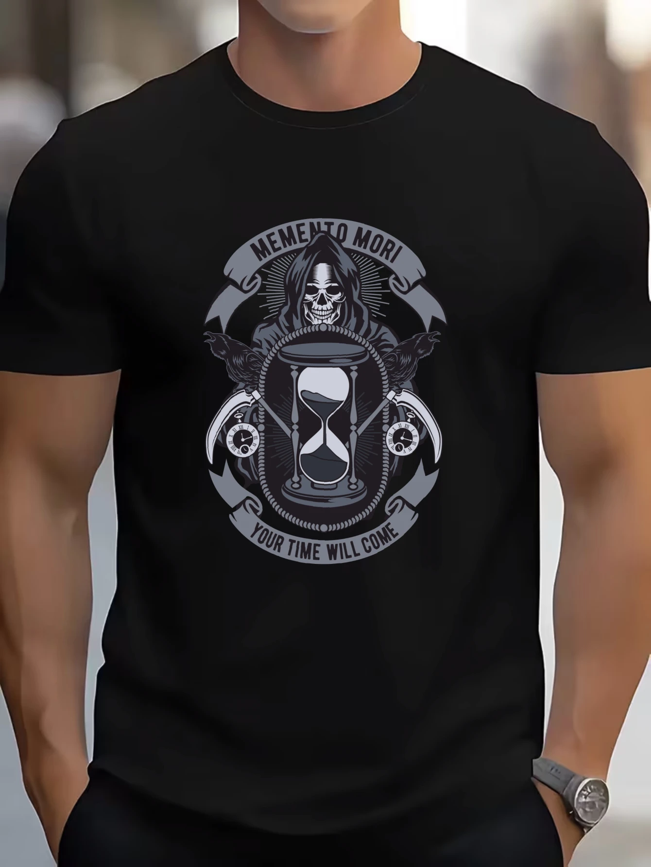 Men's Vintage Skull Badge T-Shirt Gothic Biker Style Casual Cotton Tops