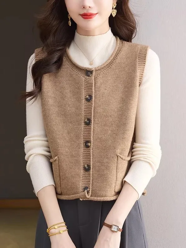 

Spring Autumn round Ne Svel Knitted Woolen Vest Loose Fit Women's Faion Outerwear Cardigan Warm Soft Sle