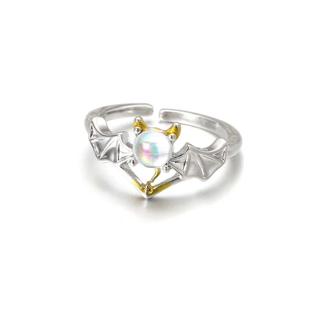 SUMENG 2024 New Fashion Romantic Angel and Demon Wings Couple Rings Goth Moonstone Adjustable Opening Finger for Women Men Gifts