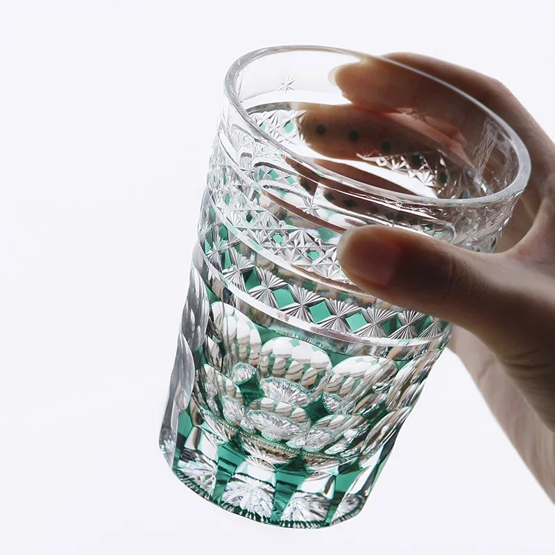 Edo Kiriko Sun God Carved Crystal Whiskey Tumbler Vintage Embossed Rocks Glass Luxury Bar Gift Glassware