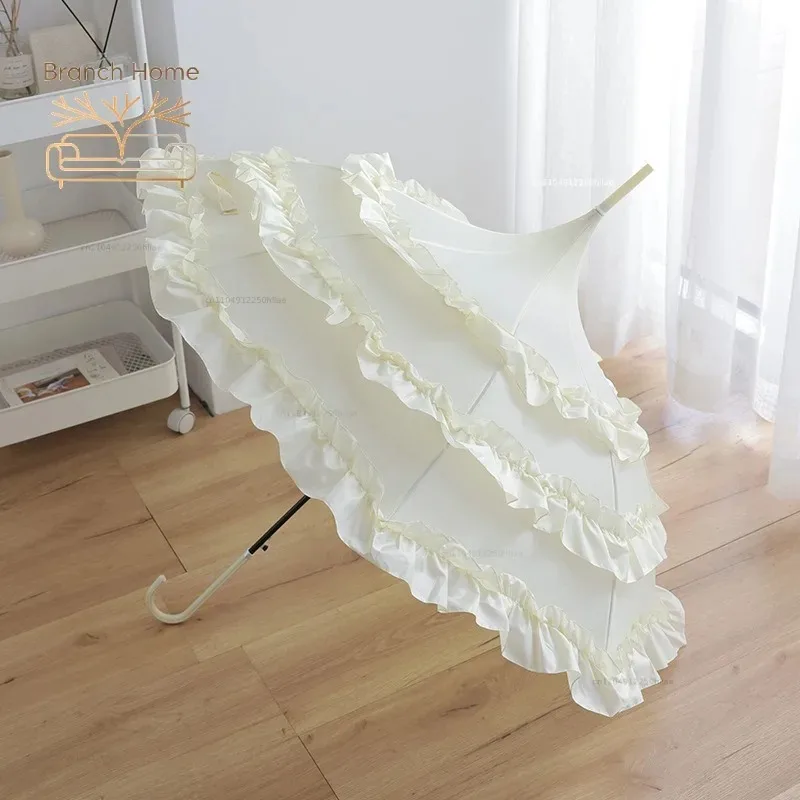 White Black Pagoda Umbrella Princess Long Handle Umbrella Small Fresh Curved Handle Wind-resistant  Wedding Etiquette Umbrella