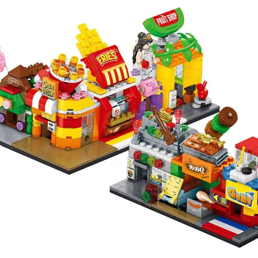 Mini Street Shops Building Blocks Fruit French Fries Popcorn Shop Candy House Gaming Room store Building Bricks Child Toys Gifts