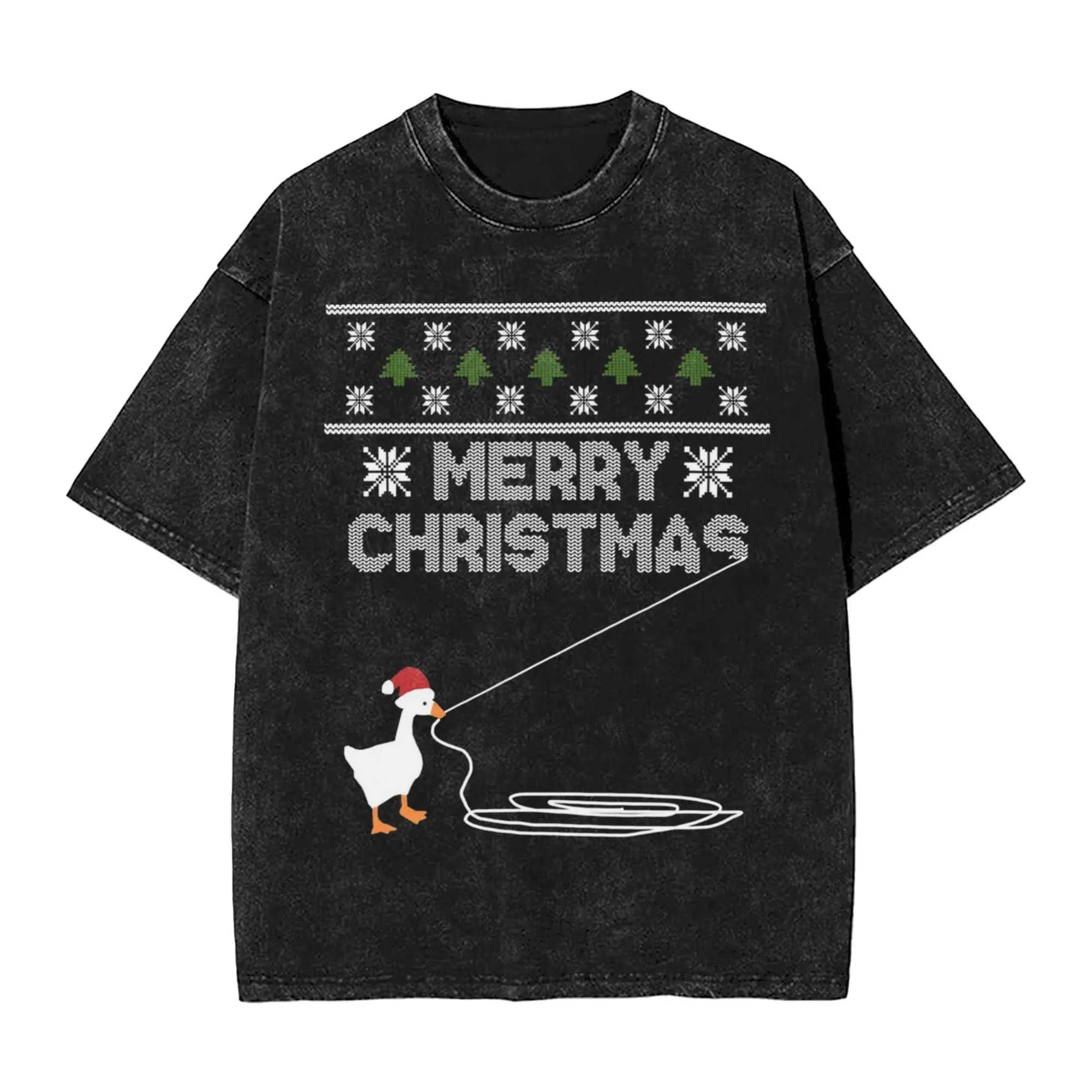 Christmas Untitled Goose Montage Washed T Shirts Streetwear Hip Hop T-Shirts Tees Tops Men Women 100% Cotton High Street Printed